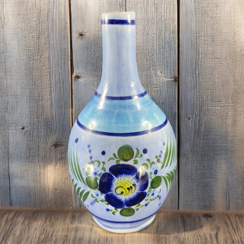 Vintage Mexican Pottery Jug Tall Vase Hand Painted Stoneware Decor Marked VTG‎